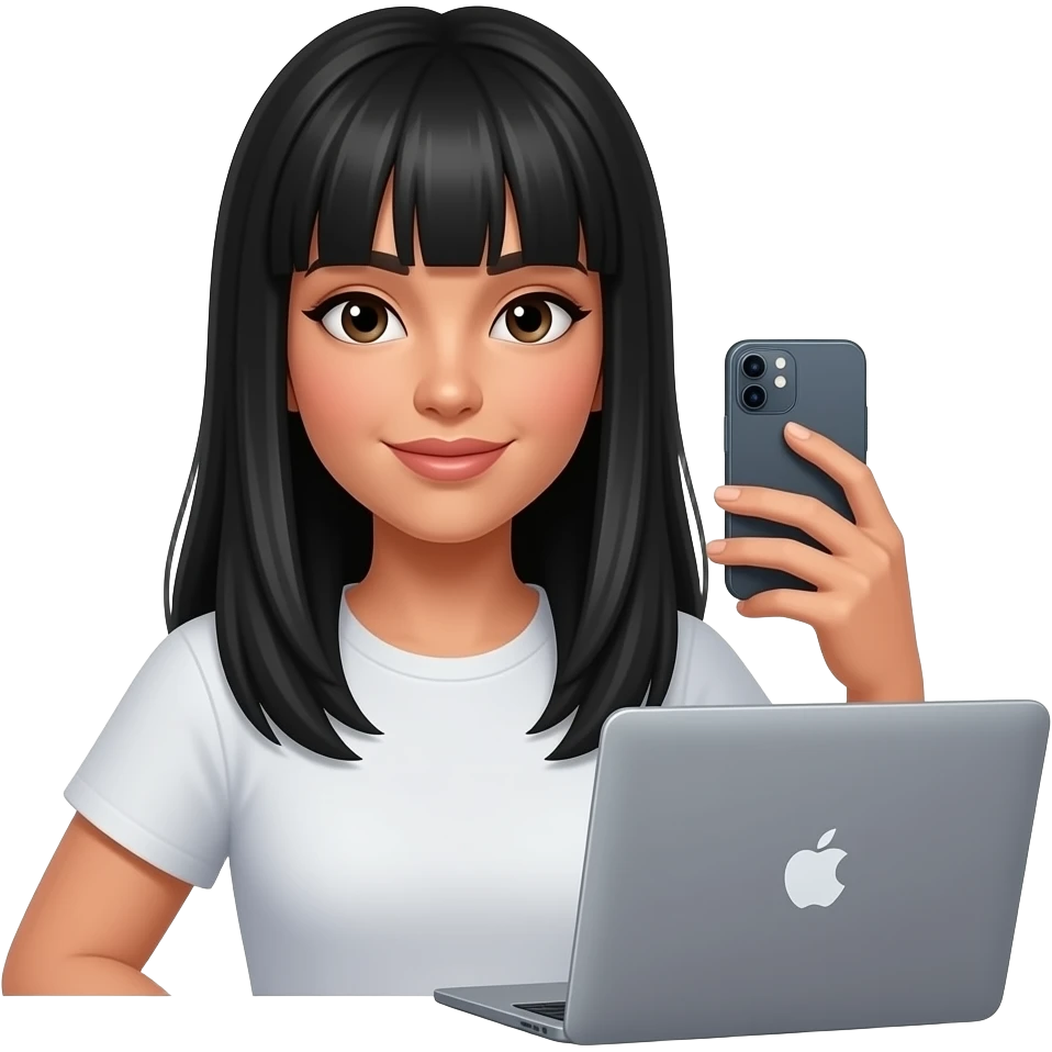 Mujer con cabello largo negro lacio con flequillo de piel normal, ni muy morena, ni blanca grabandose con su iphone a ella misma y una mackbook a su lado emoji