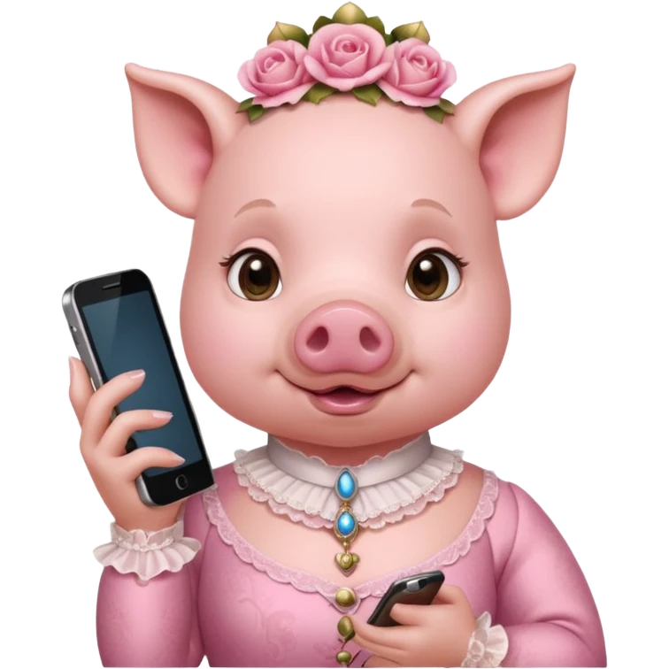 girl pig in victorian pink finery scrolling on an ornate cell phone emoji