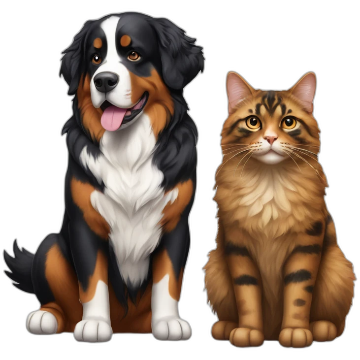 A Bernese dog next to A tortoiseshell cat without white emoji