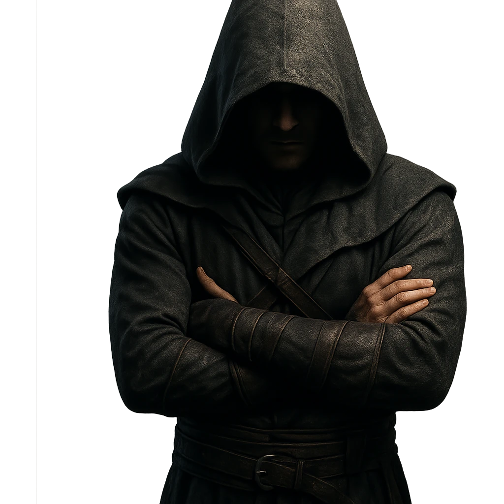 person in a hood, arms crossed like Assassin's Creed, mysterious vibe emoji