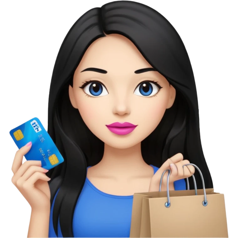 Girl with long black hair, pink lipstick, brown eyes holding shopping bags and blue credit card emoji