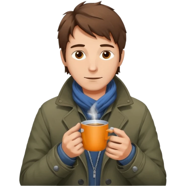 A gentle-looking man with messy hair and layered torn jackets, warming his hands over a small tin cup of hot drink.
 emoji
