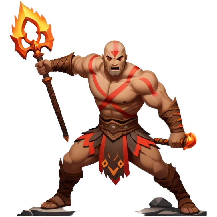 An icon showing a powerful warrior wielding a weapon, inspired by God of War: Ragnarok. The design captures the character’s strength, with dynamic motion lines. A fiery, mythological background with mountains and ruins enhances the epic atmosphere. Transparent background. emoji