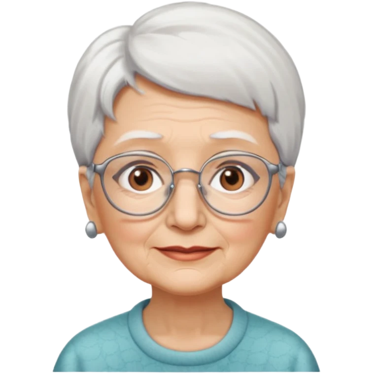 Create me emoji of an old lady. Short white hair to left side. Square glasses. Brown eyes. Rounded really big and long face. Wide nose emoji