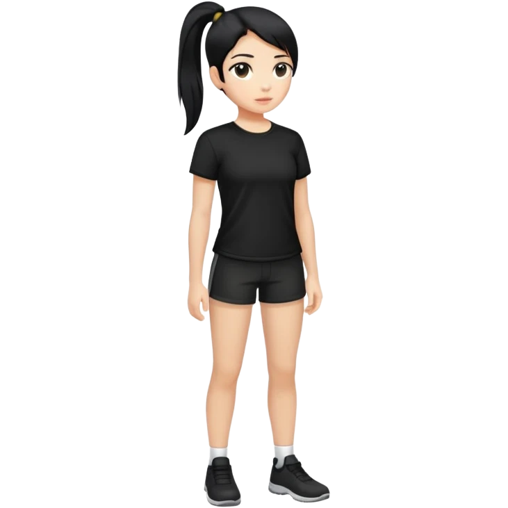 A girl whit black shirt hair and a ponytail whit a short shirt and short pants  emoji