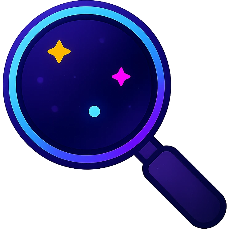 search icon, modern clean magnifying glass with neon border and glowing effect, dark purples blues blacks base, nebula gradients, small bright stars, specular highlights, luminous look emoji