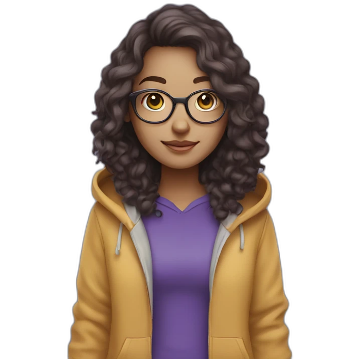 full length girl in a purple hoody, glasses with big blue eyes and white skin and curly dark browny long hair emoji