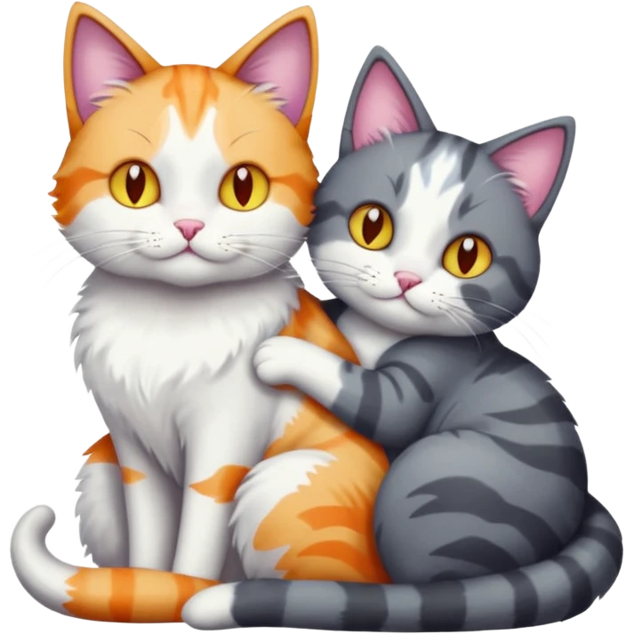 full body large dark grey and white cat cuddling a colourful light patched calico + white tabby cat  emoji
