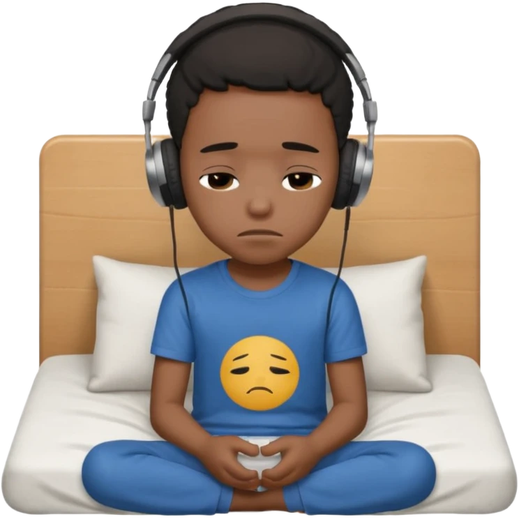 Sad black kid with headphones on sitting on a bed emoji