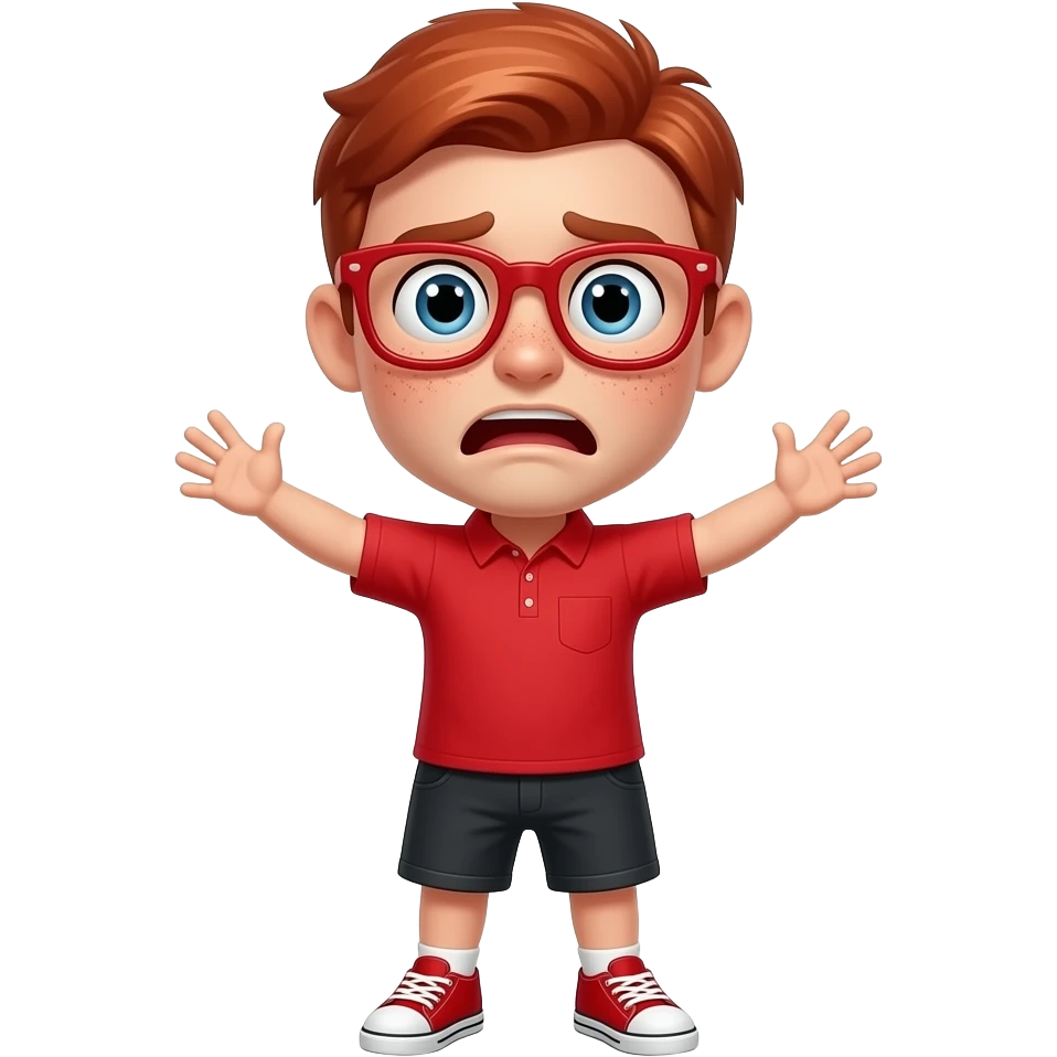 Red shirt red glasses scared face arms out red shoes black shorts red hair freckeles emoji