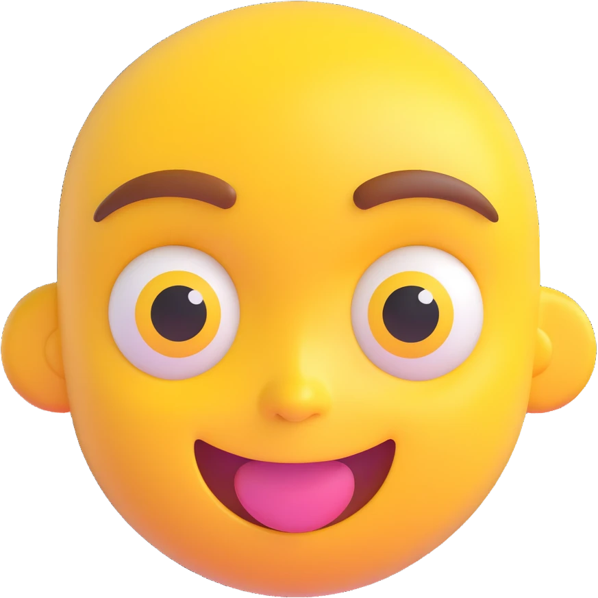 cute 3D cartoon emoji of a happy yellow face, big glossy eyes, open mouth smiling, shiny surface, raised eyebrows, isolated on transparent background emoji