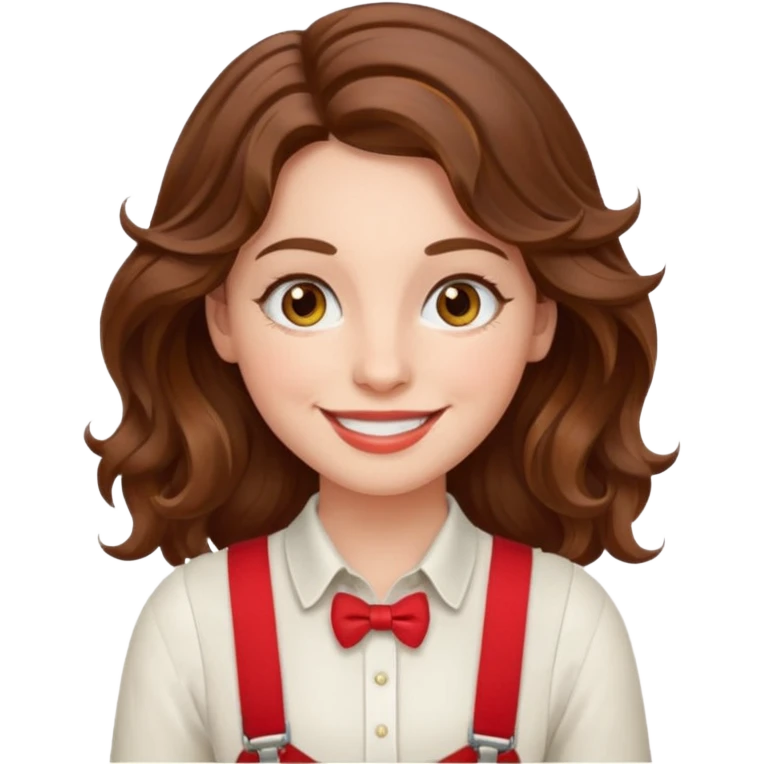 Woman with wavy brown hair and hazel eyes wearing red trouser suspenders  emoji