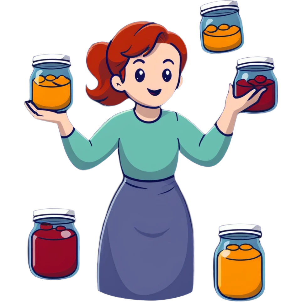 redhead woman juggling with 3 glass jars with jam emoji