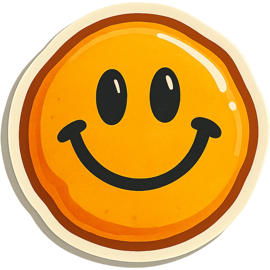 retro sticker style icon of a dalgona candy with a playful and bold smiley face pressed in the center emoji