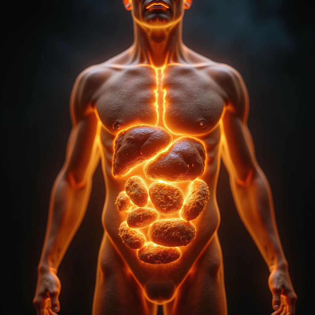 hyperrealistic 4K image showing fatty acids in the human body burning, stylized flames, anatomical details emoji