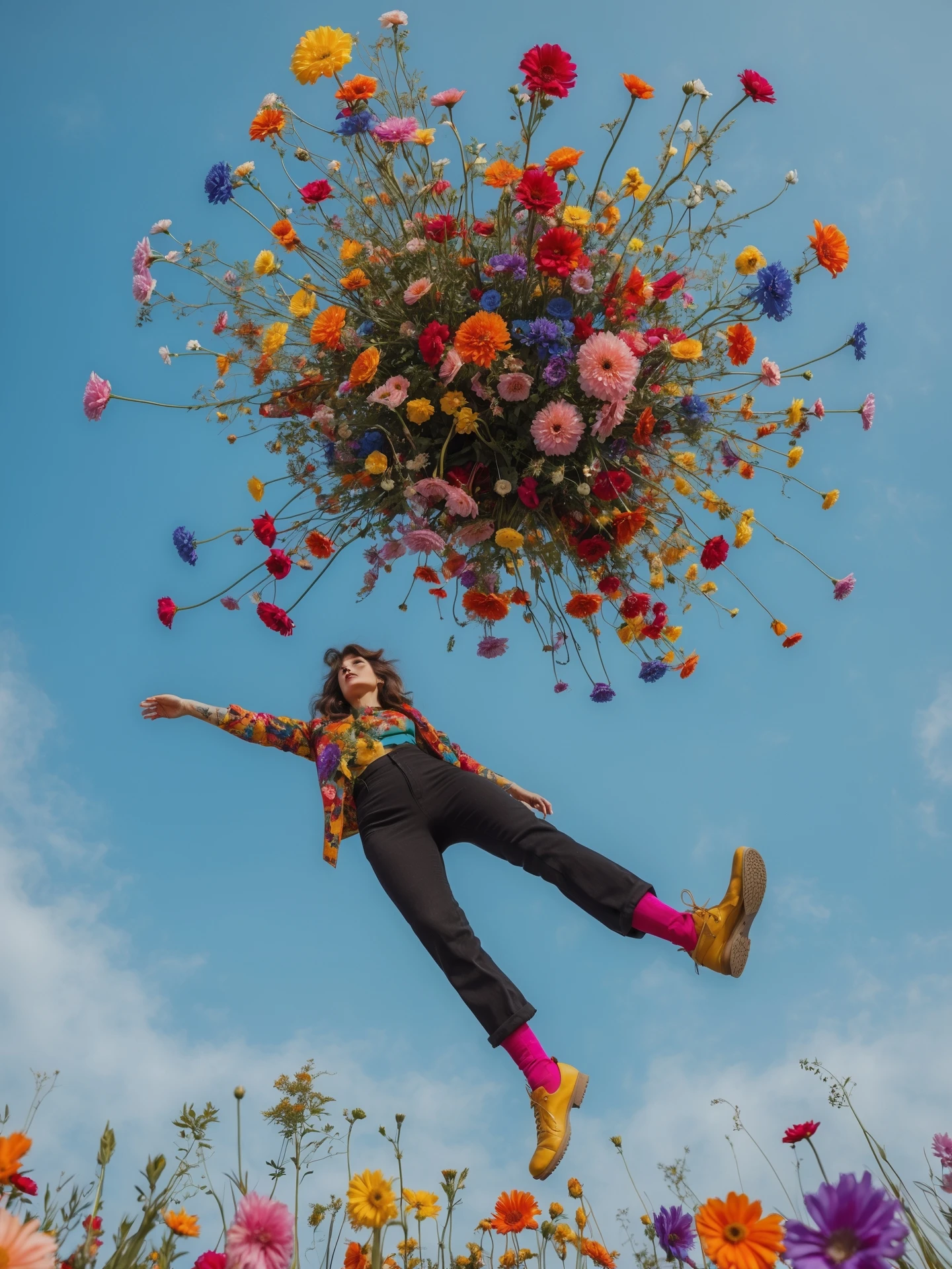 Closeup photo of a woman falling around explosion of a colorfull flowers wearing alternative fashion, blue sky minimalistic background emoji