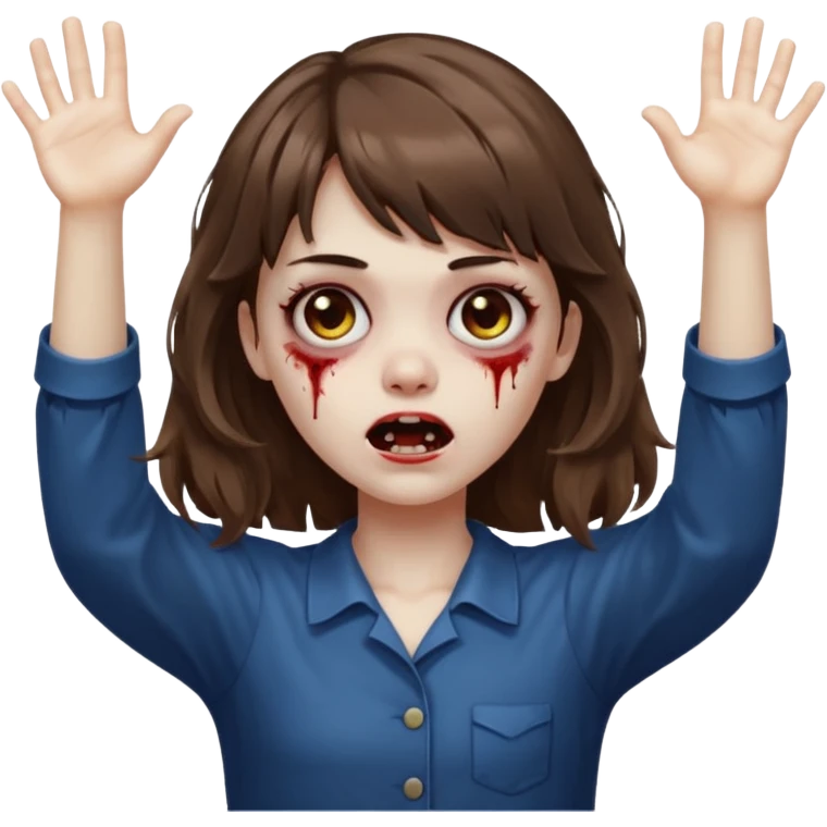 Uma menina zombie com um cabelo ondulado médio, com a franja pro lado esquerdo, o cabelo com cor castanho com as mão pra cima tipo zombie  emoji