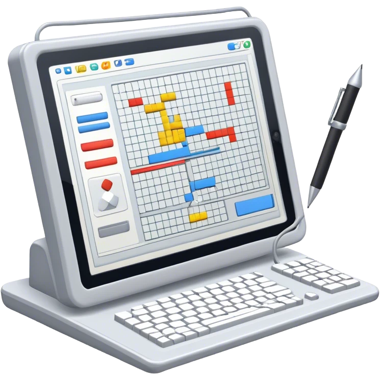 Emoji for Game Design: computer screen with Professional game interface, 3D models, pixel art, and design tools like grid, wireframe, and stylus. Symbolizes the technical and creative process of game development. Transparent background. emoji