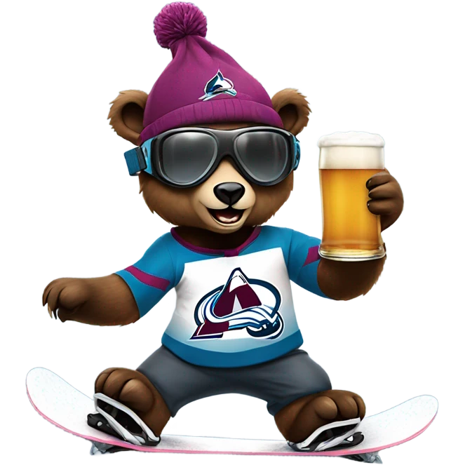 snowboarding bear wearing helmet and goggles, colorado avalanche jersey doing insane tricks while holding a beer emoji
