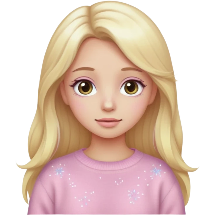 “Emoji girl, pastel pink blush, sparkly wide eyes,  oversized pastel sweater long blonde hair.” emoji