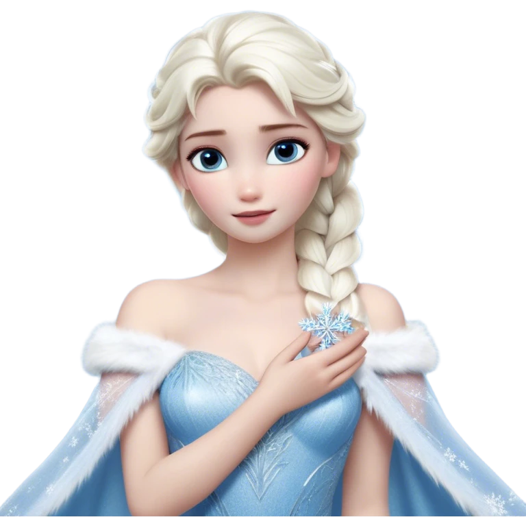 Cinematic Realistic Elsa Portrait, depicted with lifelike skin texture, soft natural lighting, and intricately detailed platinum blonde hair styled elegantly. Her striking, expressive blue eyes exude confidence and grace, complemented by a serene and regal expression. She holds a shimmering snowflake delicately in one hand, her other hand resting against her gown, embodying the power and beauty of winter. She is dressed in her signature icy attire, with shimmering fabric textures and delicate folds that catch the light beautifully. The portrait features a soft, enchanting glow with a cool, radiant finish, capturing the essence of timeless elegance in a realistic and painterly style. emoji