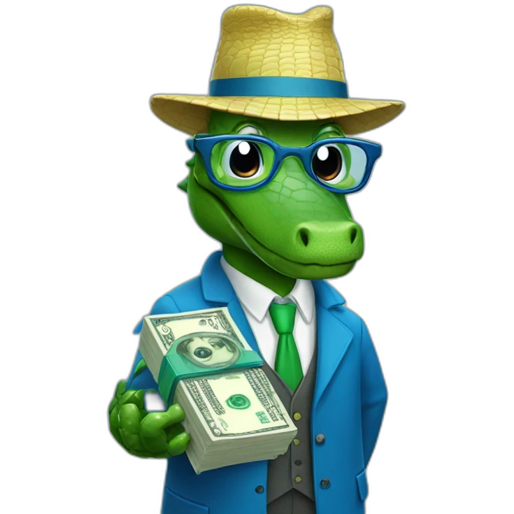 Professor crocodile wearing blue with dollars cash emoji