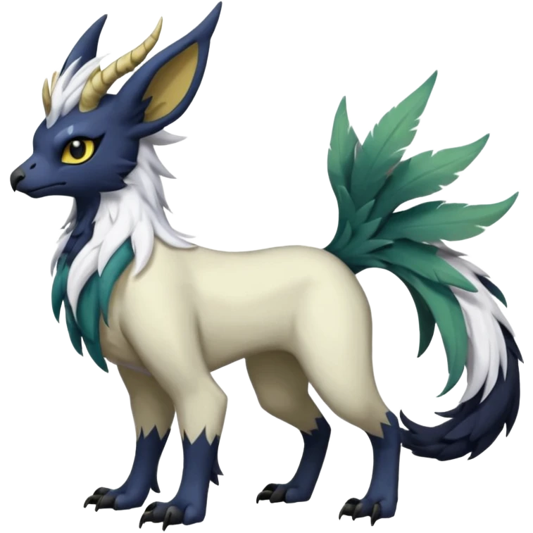 Dark-deep-colored gryphon-Trico-Nargacuga-Absol-Leafeon-Sprigatito-Silvally-fusion-hybrid with a long tufted tail, black beak, black claws, black tail, majestic, realistic, furry (full body) emoji