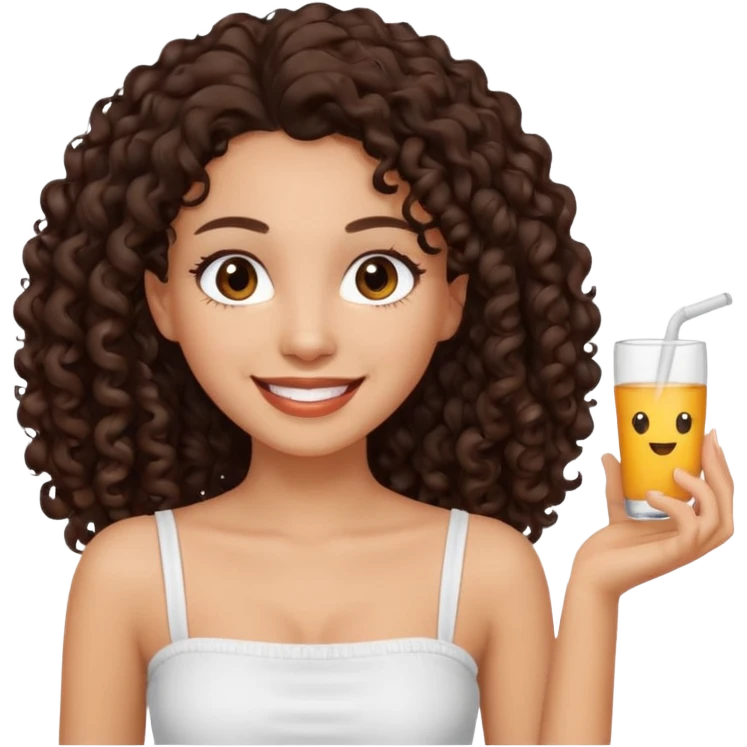 Woman with light skin and dark brown eyes and dark brown long curly hair and white tube top emoji