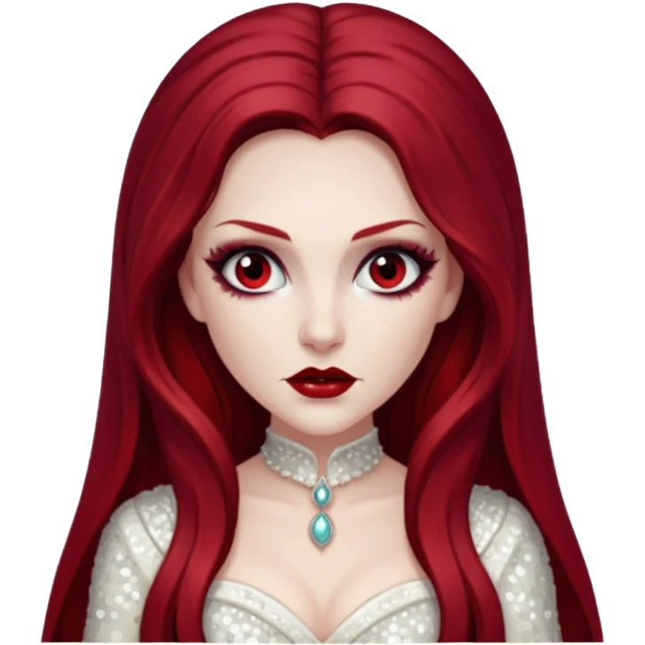 Bride of Dracula with long dark red hair, ivory sequin outfit emoji