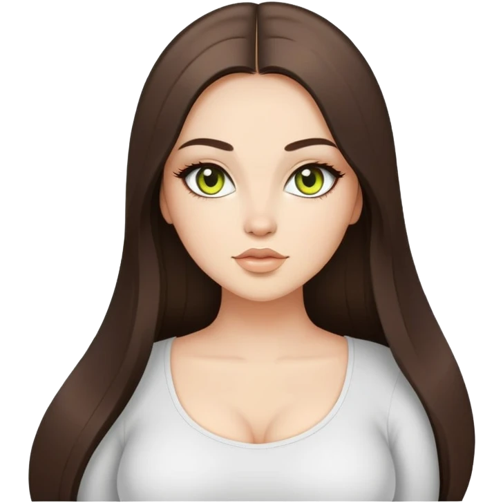 Curvy but beautiful brunette girl, chartreuse eyes, pin straight super long hair, modern style emoji