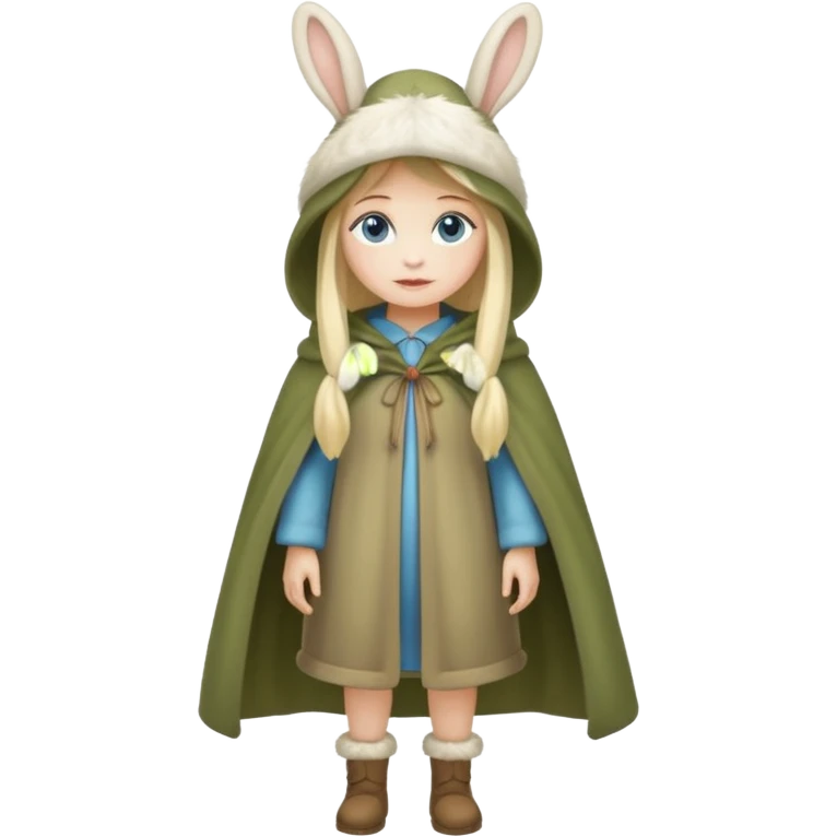 full body woman long blonde hair blue eyes white skin wearing rabbit hat and soft moss cloak emoji