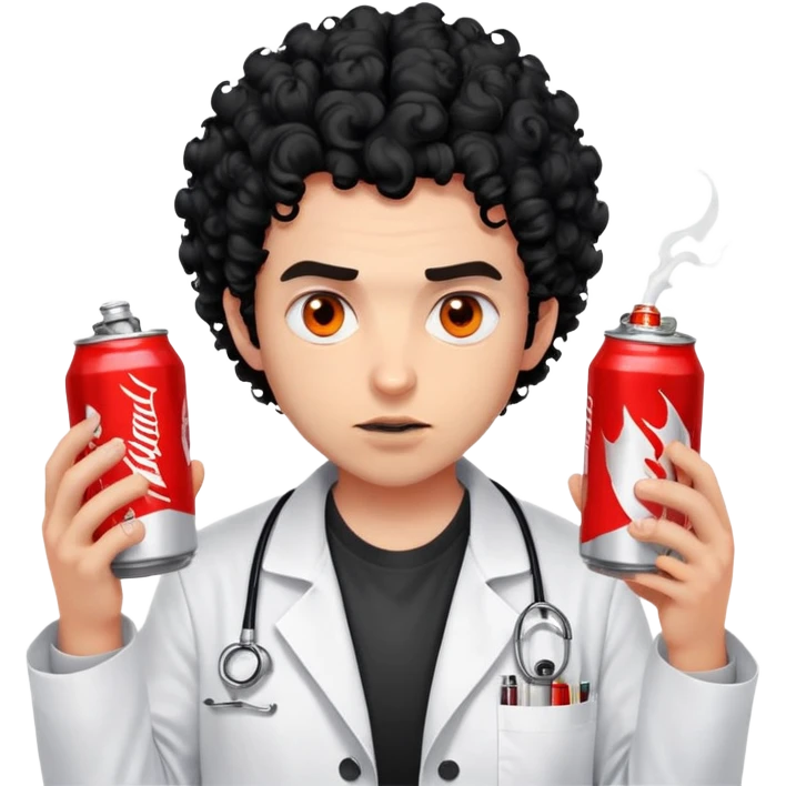 Hair: Untamed black curls with forehead strands sticking up Face: Monolid eyes bloodshot from screen glare, stubble shadow Clothes: Wrinkled graphic tee under unbuttoned lab coat Action: Frantically typing with energy drink cans piled high emoji