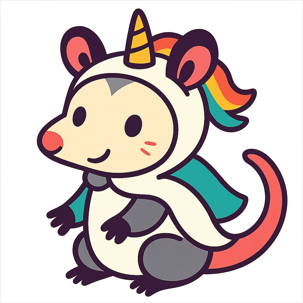 cute cartoon possum dressed up like a unicorn, vibrant toon style emoji