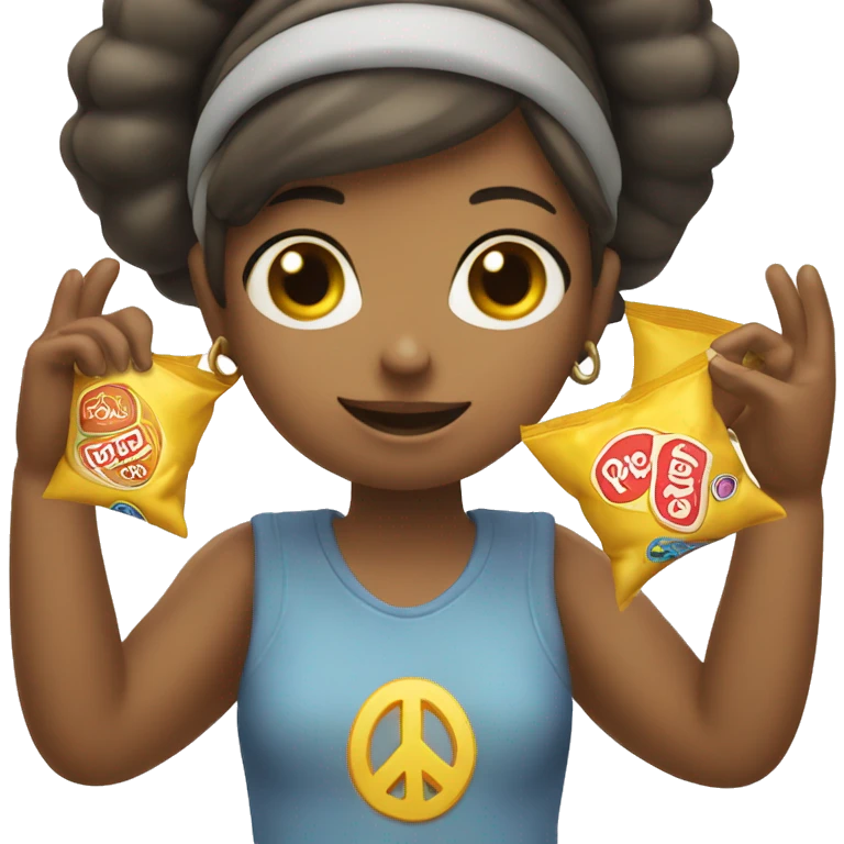girl holding up peace sign with bag of chips on head emoji