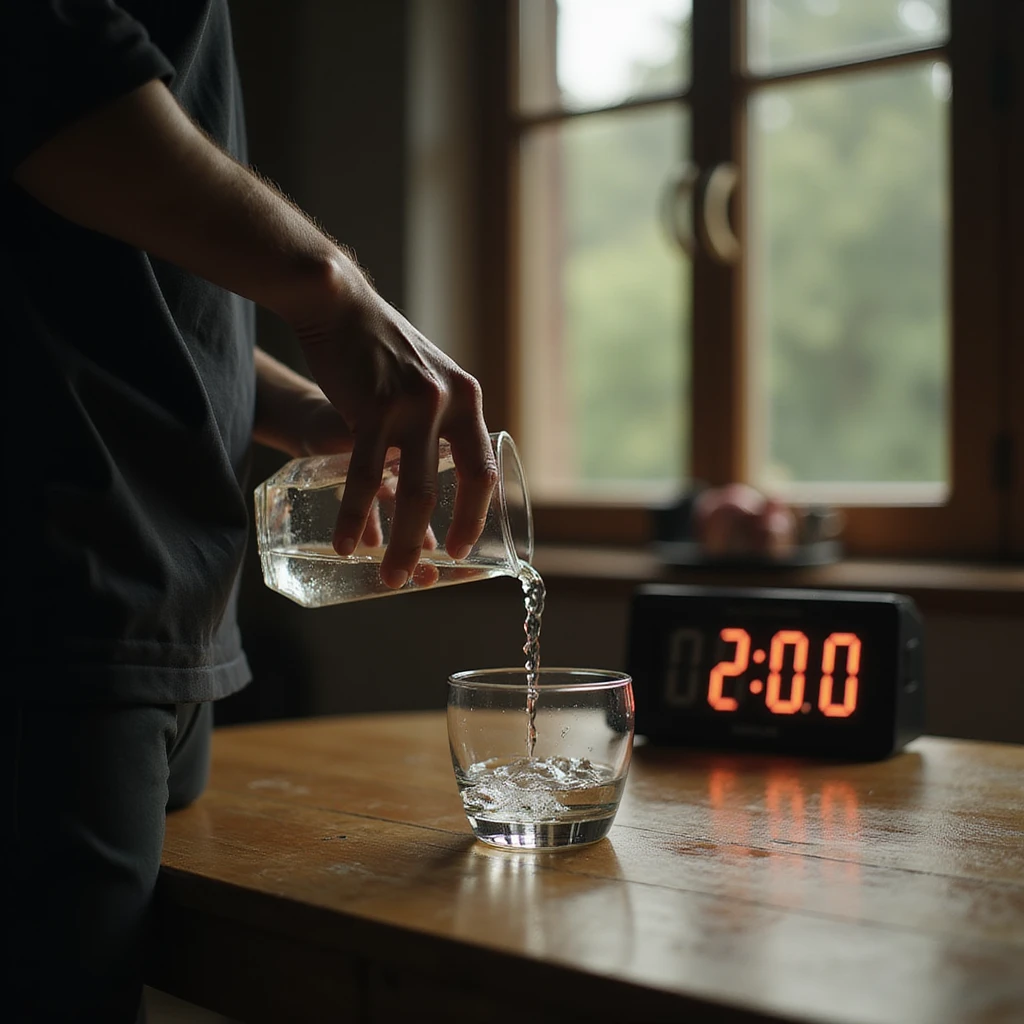 hyperrealistic 4K image of a man pouring water into a glass, empty table, digital clock showing 23:00, atmosphere of calm and discipline, Zen environment emoji