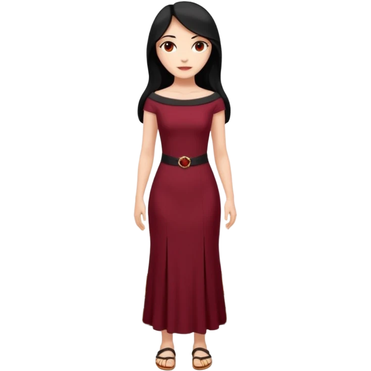 Chica blanca ,ojos marrones, vestido granate ajustado largo, escote barco cuerpo entero ,pelo negro y largo sandalias emoji