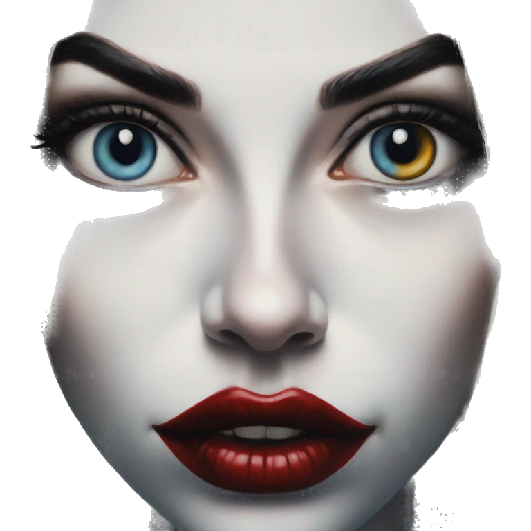 Love in Harley Quinn style, oil paint, mysterious eyes, intricate lips, masterpiece portrait, odd perspective, beautiful, desirable, logical emoji