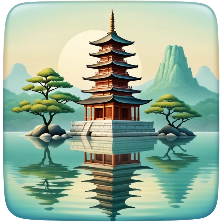 Cinematic Realistic Tran Quoc Pagoda Landmark Emoji, depicted with an ancient pagoda set on tranquil waters rendered with delicate textures and serene, reflective lighting. emoji