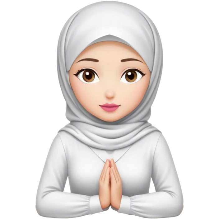 white hijab women are listening with her hands folded cross-over on the table. Her outfit is white. Her lips color is pink. emoji