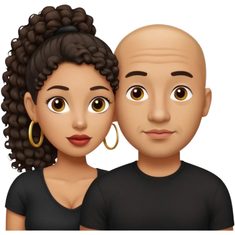 A picture of a tanned couple. the man is a Mexican man with tanned skin, a bald hair cut, short shaved beard and wearing a black shirt. the woman is mixed, with curly medium length hair in a pony tail, with big boobs and lips  emoji