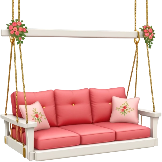 Romantic white wooden pastel-red cushions couch-swing with tiny gold flowers around emoji