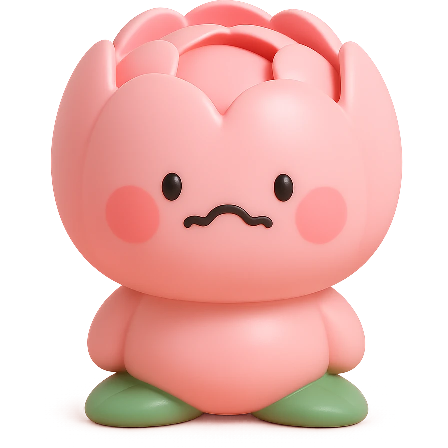 pink peony flower with a round plump body, blushing cheeks, nervous expression, vinyl figure style emoji