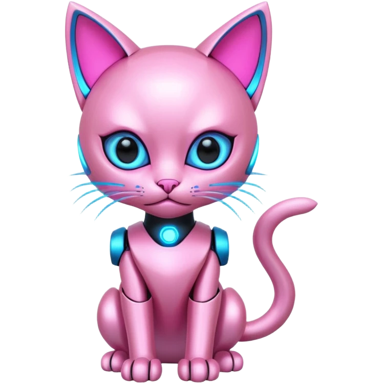 Robot kitten with pink and neon blue eyes and neon dress emoji