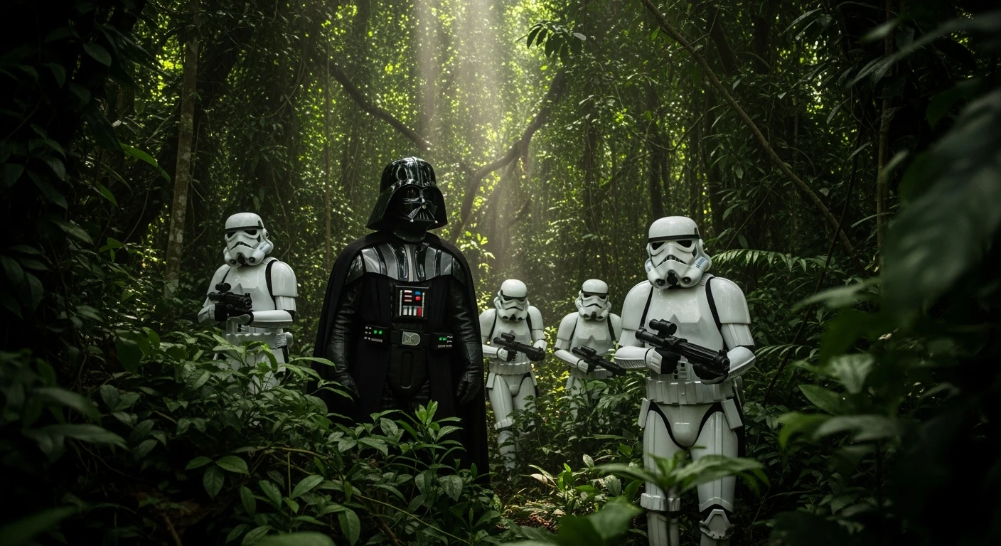 cinematic still, Closeup shot, amazon jungle, Darth Vader around stormtroopers is exploring the jungle, inspired by StarWars movie, captured by arri alexa emoji