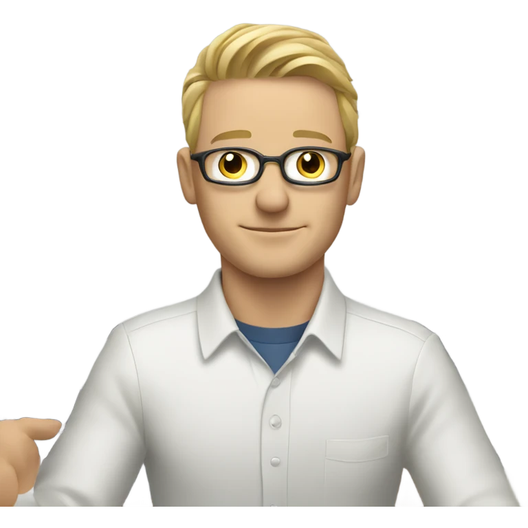 A white man is sitting at a computer with graphs emoji
