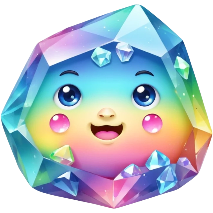 A single pastel rainbow crystal rock character, chubby and heavy with a chunky, irregular polygon shape,covered in faceted crystal planes and small chips, big glossy rainbow eyes  emoji