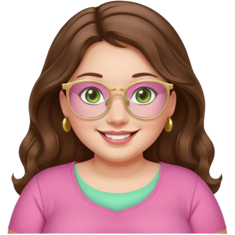 Girl girl long wavy brown hair with middle part, pale green eyes, plus size, pink girly top, gold rimmed glasses emoji