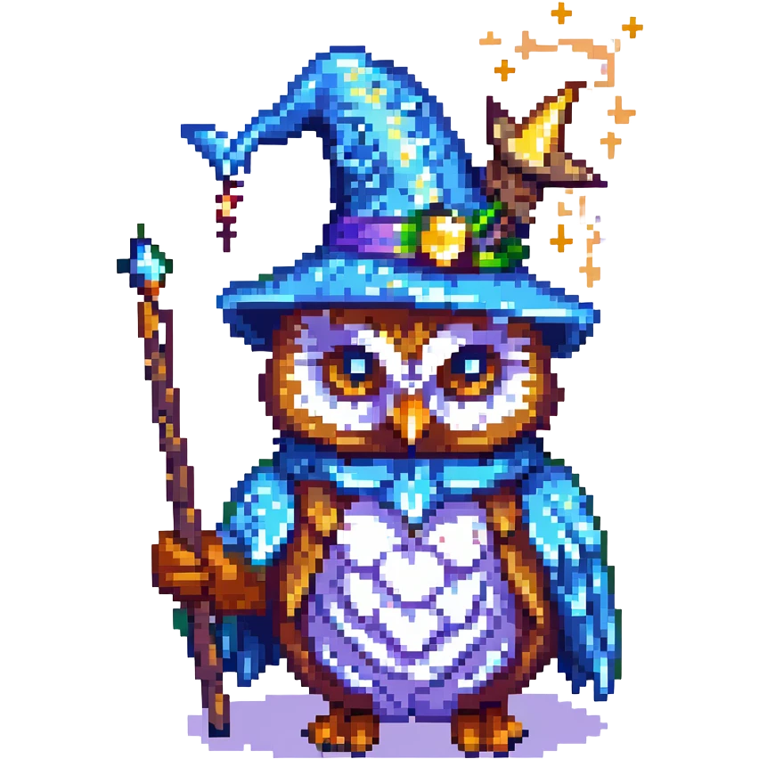 pixel art wizard owl wearing a pointed hat holding a wand magical sparkles retro game style emoji