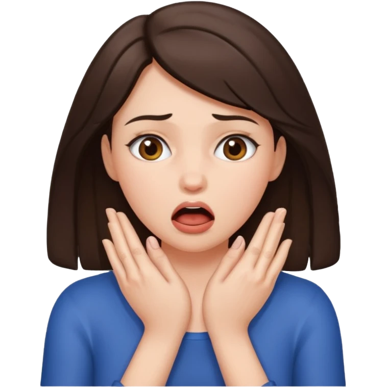 a brunette woman choking herself with her bare hands emoji