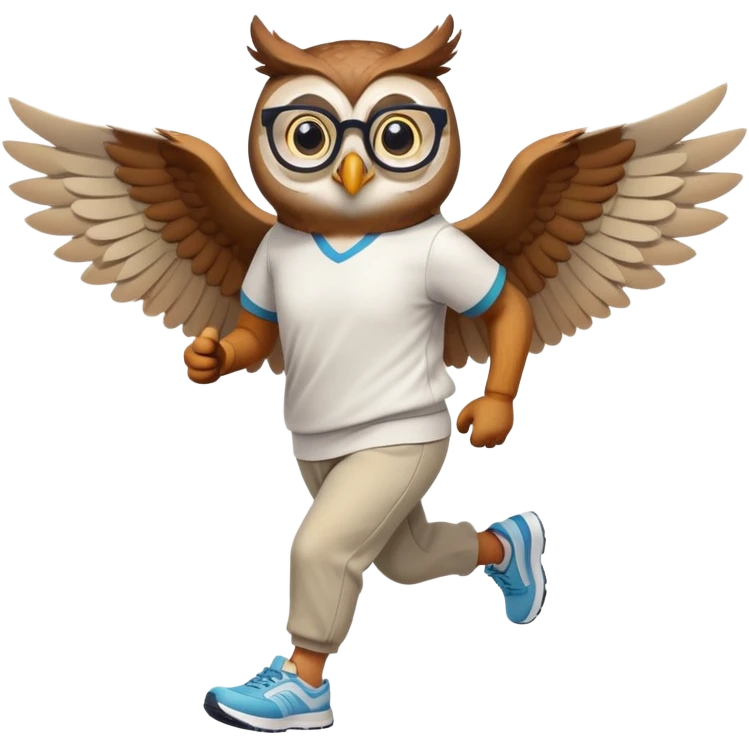 friendly anthropomorphised owl with visible wings, in pants and a shirt, wearing glasses, jogging upright, standard pose emoji